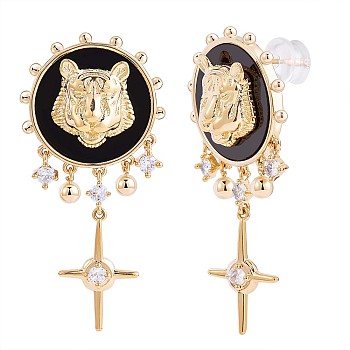 Clear Cubic Zirconia Lion with Cross Dangle Earrings with Enamel, Golden Brass Jewelry for Women, Golden, 42.5x21mm, Pin: 0.8mm