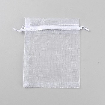 Rectangle Organza Drawstring Gift Bags with Ribbon, White, 12x10x0.03cm