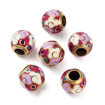 Golden Plated Alloy Enamel European Beads, Large Hole Beads, Round with Cloud Pattern, Fuchsia, 13x11.5mm, Hole: 5.5mm