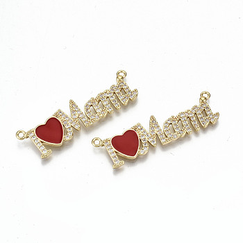 Real 16K Gold Plated Brass Micro Pave Clear Cubic Zirconia Pendant Link, with Enamel, Nickel Free, for Mother's Day, Heart with Word Mama, Red, 12.5x43.5x2mm, Hole: 1.6mm