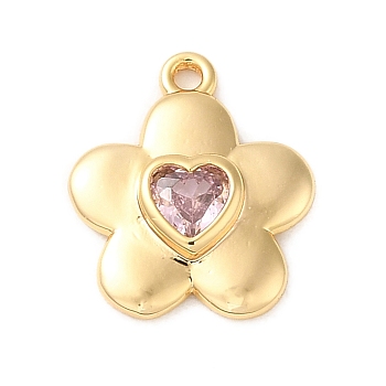 Brass Micro Pave Cubic Zirconia Pendants, Real 18K Gold Plated, Flower, Pink, 14x12x2.5mm, Hole: 1.2mm