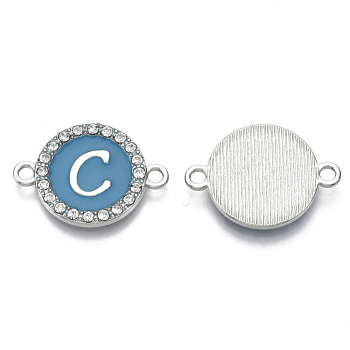 Alloy Enamel Links Connectors, with Crystal Rhinestones, Flat Round with Letter, Silver Color Plated, Letter.C, 22x16x2mm, Hole: 1.8mm