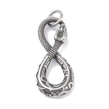 316 Surgical Stainless Steel Pendants, with Jump Ring, Snake Charm, Antique Silver, 42.5x18x4.5mm, Hole: 6.5mm