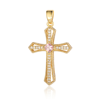 3Pcs Brass Micro Pave Cubic Zirconia Pendants, Cross Charms, Real 18K Gold Plated, 32x22x6.9mm
