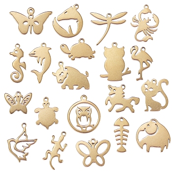 20Pcs 20 Style 304 Stainless Steel Charms, Laser Cut, Mixed Shapes, Golden, 1pc/style