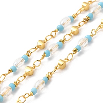 Handmade Oval Glass Beaded Chains, Real 18K Gold Plated Brass Link Chains, Soldered, with Spool, Cadmium Free & Lead Free, Light Sky Blue, Link: 8.5x3.5x3mm, Glass Bead: 18~19x4mm