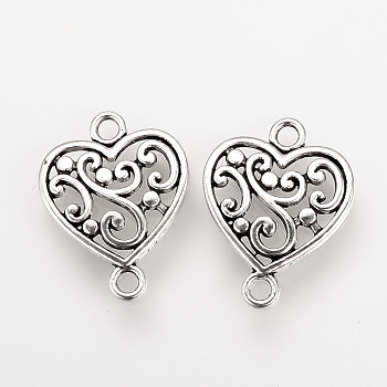 Tibetan Style Alloy Links connectors, Heart, Cadmium Free & Lead Free, Antique Silver, 19x14.5x2mm, Hole: 2mm