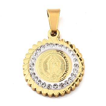 Ion Plating(IP) 304 Stainless Steel Pendant with Crystal Rhinestone, Religion Theme Flat Round with Jesus Charms, Golden, 21.5x18x3mm, Hole: 7x4mm