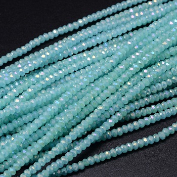 Faceted Rondelle Full Rainbow Plated Electroplate Glass Beads Strands, Sky Blue, 3.5~4x2.5~3mm, Hole: 0.8mm, about 150pcs/strand, 15.1 inch