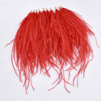 Ostrich Feather Tassel Big Pendant Decorations, with Brass Findings, Golden, Red, 130~170x4mm, Hole: 1.6mm