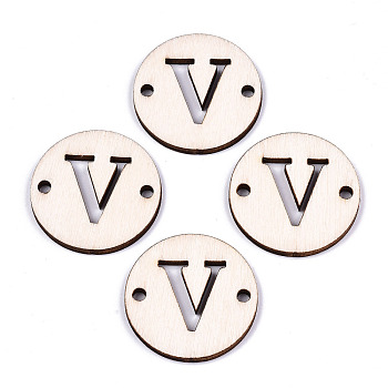 Unfinished Natural Poplar Wood Links Connectors, Laser Cut, Flat Round with Word, Letter.V, 29.5x2.5mm, Hole: 2.5mm