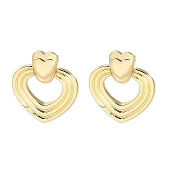 Rack Plating Brass Dangle Stud Earrings, Hollow Heart, Real 18K Gold Plated, 28x25mm
