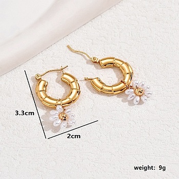 Stainless Steel Hoop Earrings for Women, Golden, Flower, 33x20mm
