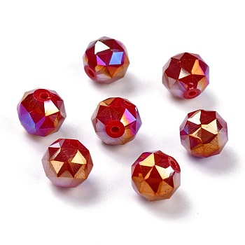 Electroplate Opaque Glass Beads, Rainbow Plated, Faceted, Round, FireBrick, 10x9.5mm, Hole: 1.4mm