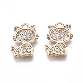 Brass Micro Pave Clear Cubic Zirconia Charms, Cat, Real 18K Gold Plated, 12.5x9x1mm, Hole: 1.4mm