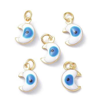 Brass Enamel Charms, Real 18K Gold Plated, with Jump Rings, Moon with Evil Eye, Cadmium Free & Lead Free, White, 11x7x3.5mm, Hole: 2.6mm