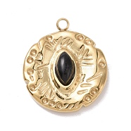 304 Stainless Steel Pendants, with Enamel, Golden, Textured, Flat Round with Eye, Black, 17x15x4.5mm, Hole: 1.5mm(STAS-A063-09G)