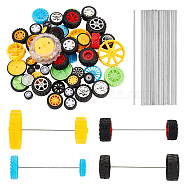 Plastic Toy Wheels, with Rubber Findings and Iron Toy Car Axle, Mixed Color, Wheels: 16~63.5x5.5~27.5mm, Hole: 1.8mm, 56pcs, Axle: 100x2mm, 28pcs(DIY-OC0012-14)