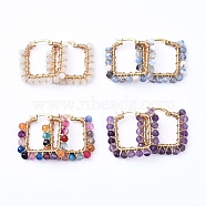 201 Stainless Steel Hoop Earrings, Beaded Hoop Earrings, with Natural Gemstone Beads, Rectangle, Golden, 28.5x31x4mm, Pin: 1x0.6mm(EJEW-JE04121)