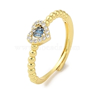 Rack Plating Brass Micro Pave Cubic Zirconia Adjustable Rings, Long-Lasting Plated, Lead Free & Cadmium Free, Heart, Dodger Blue, US Size 7 1/4(17.5mm)(RJEW-H228-02G-01)