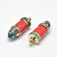 Bullet Tibetan Style Pointed Pendants, Brass Findings with Synthetic Coral, Antique Golden, Red, 46x16mm, Hole: 6mm(TIBEB-N002-03)