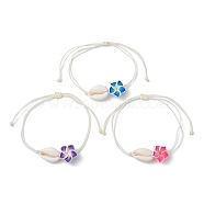 Natural Shell & Polymer Clay 3D Flower Link Bracelet, Braided Adjustable Bracelet, Mixed Color, Inner Diameter: 3-1/4 inch(8.2cm)(BJEW-JB09816)