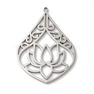 Non-Tarnish 304 Stainless Steel Pendants, Laser Cut, Teardrop with Lotus Charm, Stainless Steel Color, 25x35x1mm, Hole: 1mm(STAS-U010-17P)