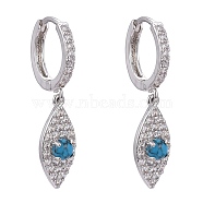 Brass Micro Pave Clear Cubic Zirconia Dangle Huggie Hoop Earrings, with Synthetic Turquoise, Horse Eye, Real Platinum Plated, 32.5mm, Pin: 1mm(EJEW-K083-18P)