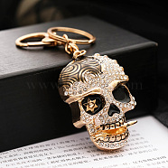 Alloy Rhinestone Pendant Keychain, with Alloy Key Rings and Lobster Claw Clasps, Long-Lasting Plated, Skull, Black, Pendant: 6x4.5cm(SKUL-PW0002-063A)