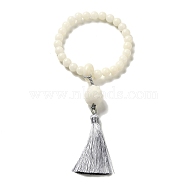 White Jade Bodhi Root Round Beaded Stretch Bracelet, with Lotus & Tassel Pendants, White, Inner Diameter: 3 inch(7.7cm), Bead: 10x9.5mm(BJEW-B080-16)