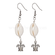 Natural Shell Dangle Earrings, Tibetan Style Alloy Long Drop Earrings with 304 Stainless Steel Pins, Turtle, 69.5x12mm(EJEW-JE05441-04)