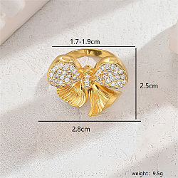 Exaggerated European and American Bowknot Brass Micro Pave Clear Cubic Zirconia Finger Rings for Women, Golden, US Size 7(17.3mm)(QU2931-1)