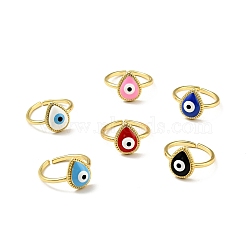Enamel Teardrop with Evil Eye Open Cuff Ring, Gold Plated Brass Jewelry for Women, Cadmium Free & Lead Free, Mixed Color, US Size 7(17.3mm)(RJEW-G259-02G)