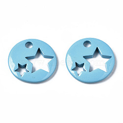 Spray Painted Brass Charms, Flat Round with Star, Cornflower Blue, 14.5x14.5x2.5mm, Hole: 2mm(KK-Q252-003D)