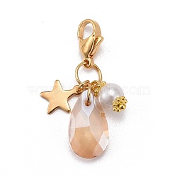 Faceted Teardrop Glass Pendants, with Glass Pearl Round Beads, Star 304 Stainless Steel Charms & Lobster Claw Clasps, Sandy Brown, 34mm(HJEW-JM00487-05)