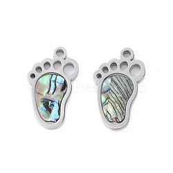 304 Stainless Steel Pendants, Natural Paua Shell Footprint Charms, Stainless Steel Color, 15.8x9.3x1.7mm, Hole: 1.5mm(STAS-S136-04P-02)