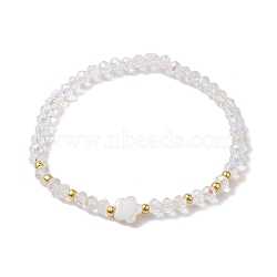 Flower Natural Shell & Glass Beaded Stretch Bracelet, Clear AB, Inner Diameter: 2-1/8 inch(5.5cm)(BJEW-JB10184-01)