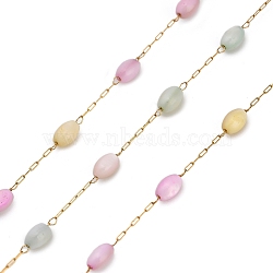 Handmade 304 Stainless Steel Dyed Shell Beads Oval Link Chains, Long-Lasting Plated, Soldered, with Spool, Ion Plating(IP), Real 18K Gold Plated, 5x3mm(CHS-B011-03B-G)