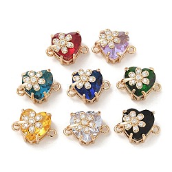 Brass Pave Faceted Glass Heart Connector Charms, Clear Cubic Zirconia Flower Links, Light Gold, Mixed Color, 17.5x12x10.5mm, Hole: 1.5mm(KK-G517-12G)