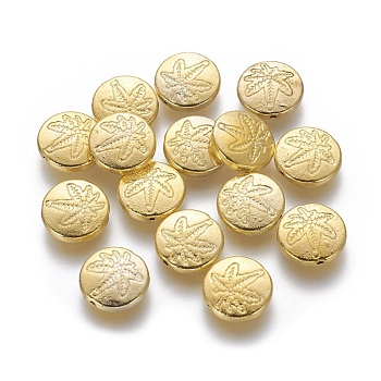 Autumn Theme Tibetan Style Alloy Beads, Cadmium Free &, Lead Free, Flat Round with Maple Leaf, Golden Color, Size: about 12mm in diameter, 3mm thick, hole: 1.5mm