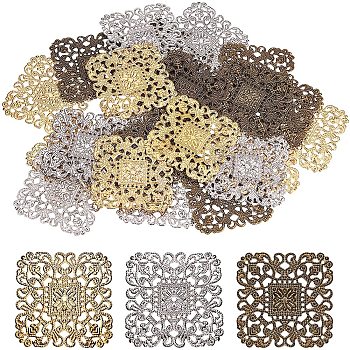 Iron Filigree Joiners Links, Etched Metal Embellishments, Rhombus, Mixed Color, 51x51x1mm, Hole: 1mm, Side: 40mm, 20pcs/color, 60pcs/box