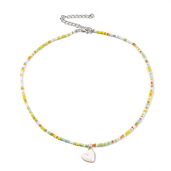 Alloy Enamel Heart Charm Necklace, Glass Seed Beaded Necklace for Women, Colorful, 17.13 inch(43.5cm)
