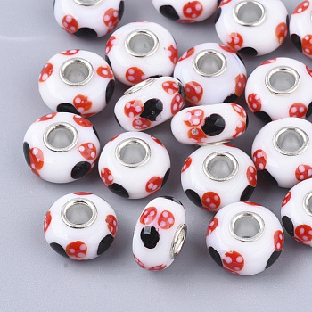 Handmade Lampwork European Beads, Large Hole Beads, with Silver Color Plated Brass Single Cores, Rondelle, Red, 14x7.5mm, Hole: 4mm