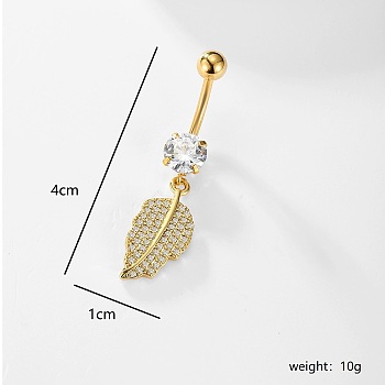 Stylish Feather Stainless Steel Pave Clear Cubic Zirconia Belly Button Ring for Women Men, Golden