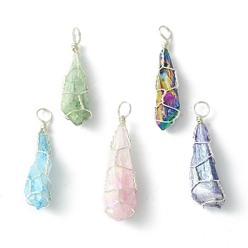 Electroplated Natural Quartz Crystal Copper Wire Wrapped Pendants, Irregular Shape Charms, Mixed Color, Silver, 27~39x7~10x7~10mm, Hole: 4mm