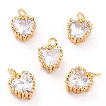Real 18K Gold Plated Brass Inlaid Cubic Zirconia Charms, with Jump Ring, Long-Lasting Plated, Heart, Clear, 8.5x7x4mm, Jump Ring: 4x0.5mm, 2.5mm Inner Diameter