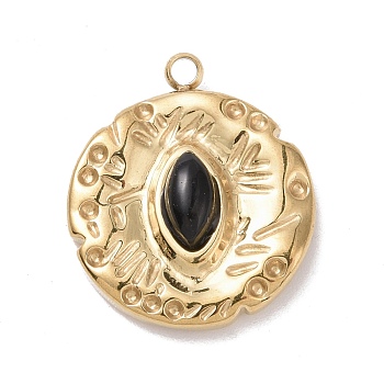 304 Stainless Steel Pendants, with Enamel, Golden, Textured, Flat Round with Eye, Black, 17x15x4.5mm, Hole: 1.5mm
