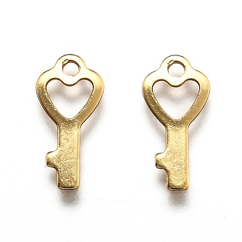 201 Stainless Steel Charms, Laser Cut, Key, Real 18k Gold Plated, 13x6x0.5mm, Hole: 1.4mm