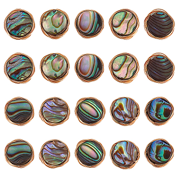 20Pcs Natural Abalone Shell/Paua Shell Copper Wire Wrapped Flat Round Cabochons, Golden, 10x3mm