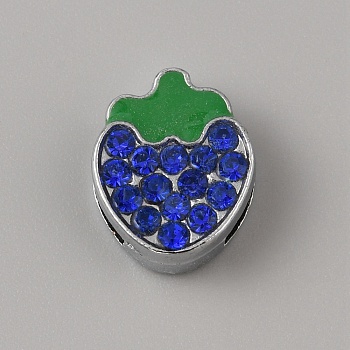 Alloy Rhinestone Slide Charms, with Enamel, Strawberry, Platinum, Capri Blue, 13x10.5x5mm, Hole: 8x1.5mm